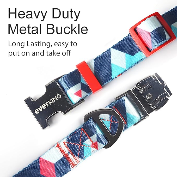 Everking Dog Leash and Collar Set with Metal Buckle, Suitable for Small Dogs Weighing 3-10kg,Memphis Geometric Pattern Design Style, Flexible Webbing, Nylon Handle, Adjustable (Iris, S)