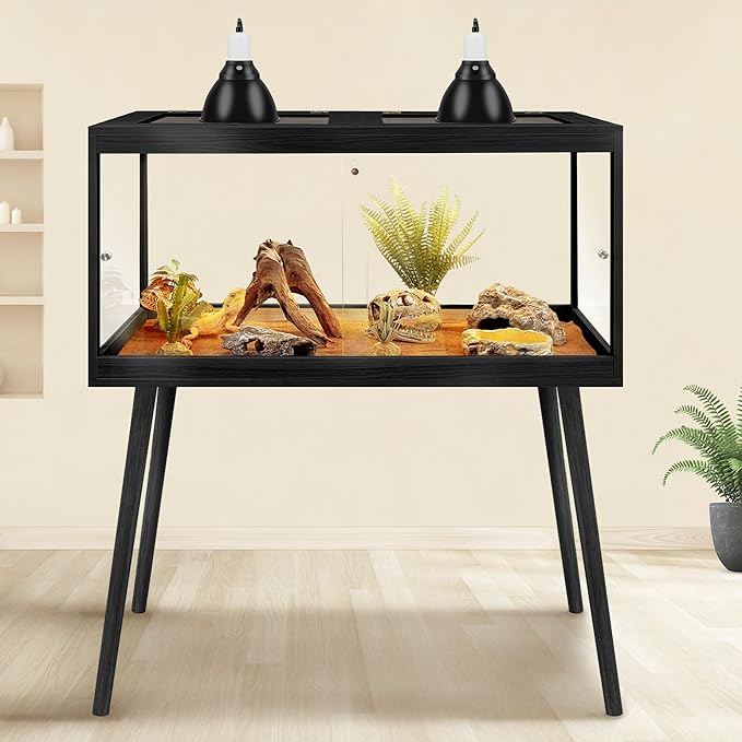 PROLEE Reptile Enclosure with Leg, 65 Gallons Bearded Dragon Tank, Tempered Glass Lizard Tank with Metal Mesh Tops and Lockable Door, Spacious Reptile Habitat for Snake,Lizard (Black)