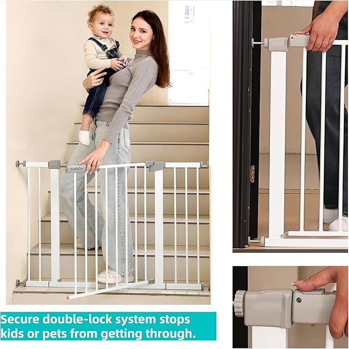 44.72"-46.89" Baby and Pet Safety Gate, 30" Tall Metal Walk-Thru Gate for Doorways & Stairs, Easy One-Hand Open, Dual Lock, Extensions & Wall Mounts Included (Brown, 29"-46" W x 30.5“H)