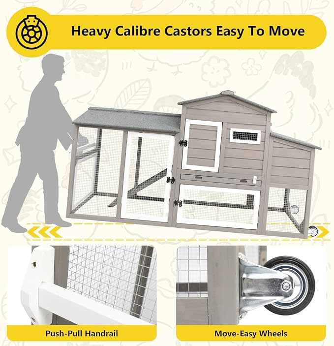 Chicken Coop for 2-3 Chickens, with Large Nesting Box, No-Slip Ramp & Pull-Out Tray, Wooden Poultry Bunny Hutch for Outdoor Indoor