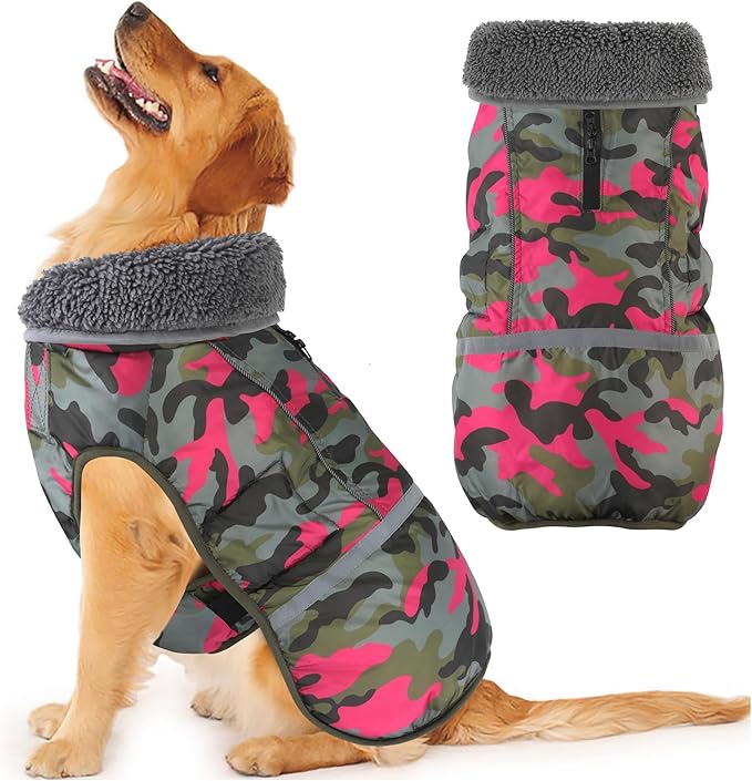 Dogcheer Warm Dog Coat, Waterproof Dog Jacket Reflective Adjustable Puppy Winter Coat with Buckle, Christmas Pet Snow Jacket Turtleneck Fleece Sweater for Small Medium Large Dogs - Camo Pink, S