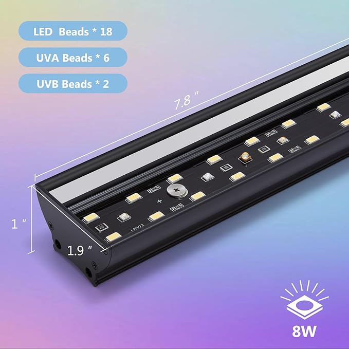 REPTITRIP 8-Inch LED UVB Reptile Light with Auto On/Off & Preset Day-Night Cycle Dimming, 4 UVI Modes Fixture Controller, 8W Aluminum UVA UVB Lamp for Bearded Dragons, Turtles & Snakes, 6500K