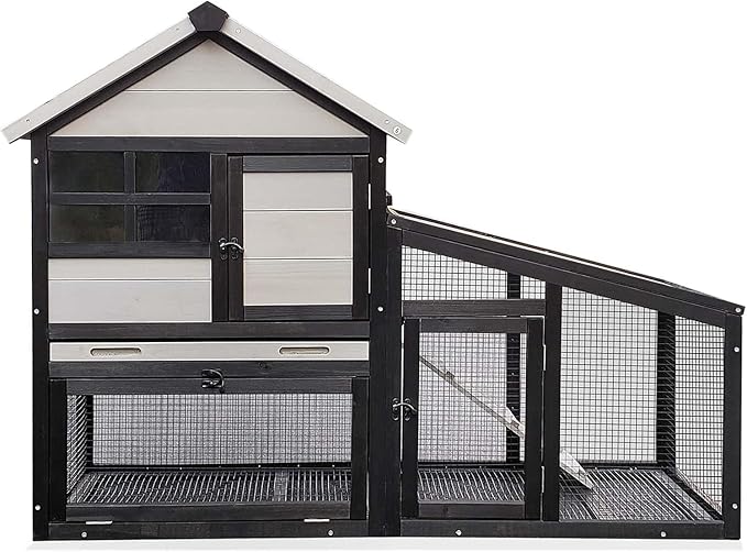 Chicken coop and activity area, dual-level rabbit cage for indoor/outdoor use, accommodates 2-3 chickens. Includes ramp and leak-proof deep-draw tray. Suitable for chicks and rabbits (black)