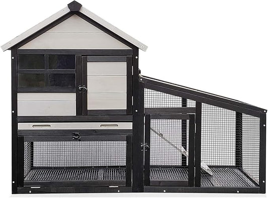 Chicken coop and activity area, dual-level rabbit cage for indoor/outdoor use, accommodates 2-3 chickens. Includes ramp and leak-proof deep-draw tray. Suitable for chicks and rabbits (black)