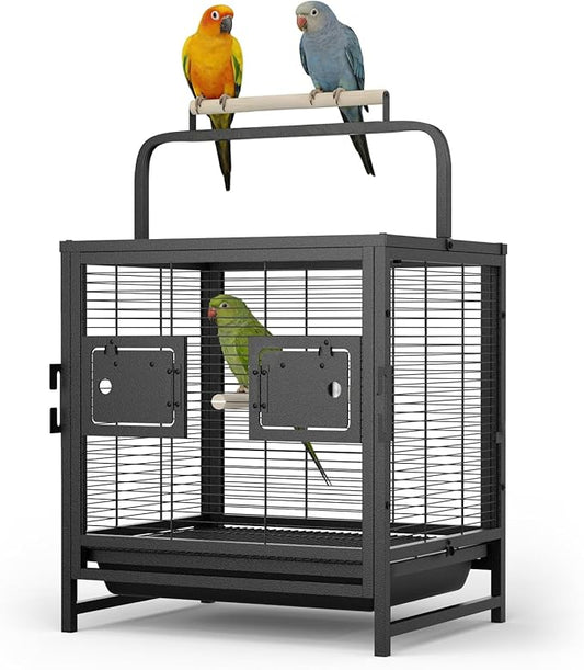 19-Inch Wrought Iron Bird Cage, Travel Carrier for Small Birds, Parrot Cage with Removable Tray & Wooden Perch, Ideal for Parakeets, Cockatiels, Lovebirds, Conures, Budgies, Canaries, Pigeons