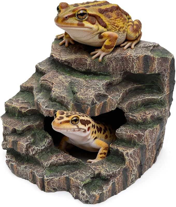 Resin Reptile Cave Hideout, Rock-Style Basking Platform, Aquarium and Terrarium Decor, Ideal for Reptiles, Amphibians and Fish