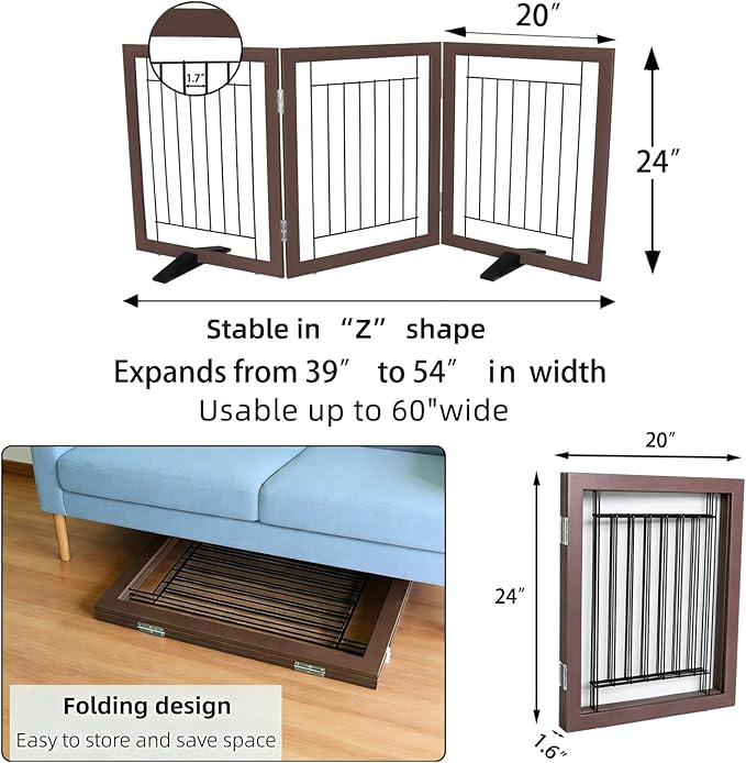 ZJSF Freestanding Dog Gate Indoor, Foldable Dog Fence for Doorways,Hallways or Stairs, Sturdy Wood Extra Wide Pet Gate with Support Feet,Brown,24 "Height-3 Panels