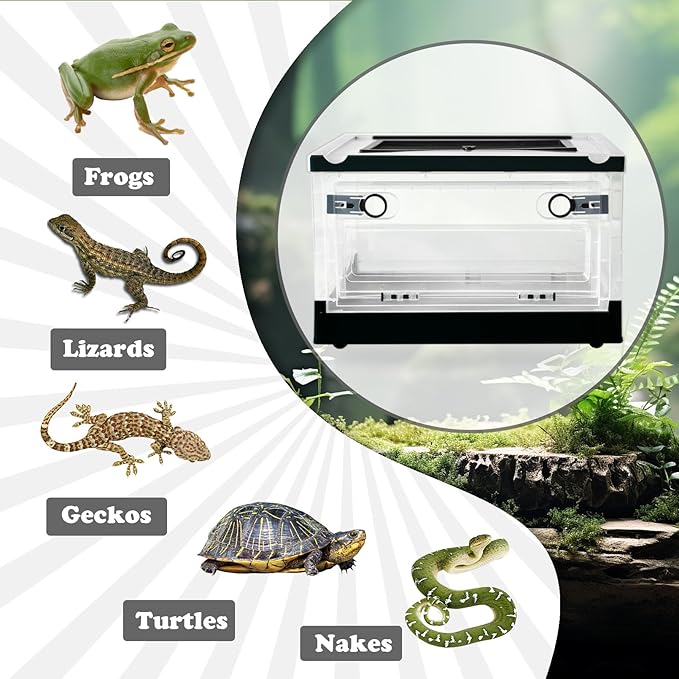 PINVNBY Plastic Reptile Feeding Box with Wheels,Reptiles Breeding Enclosure Cages Transparent Amphibians Habitat Terrarium Tank Portable Transport Container for Lizard,Bearded Dragon(Black)