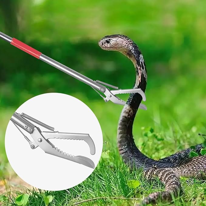 Snake Grabber Tool, 50" 3 Sections Snake Grabber, Stainless Steel Snake Tongs with Serrated Tooth, Collapsible Portable Snack Stick for EEL, Fish, Reptile
