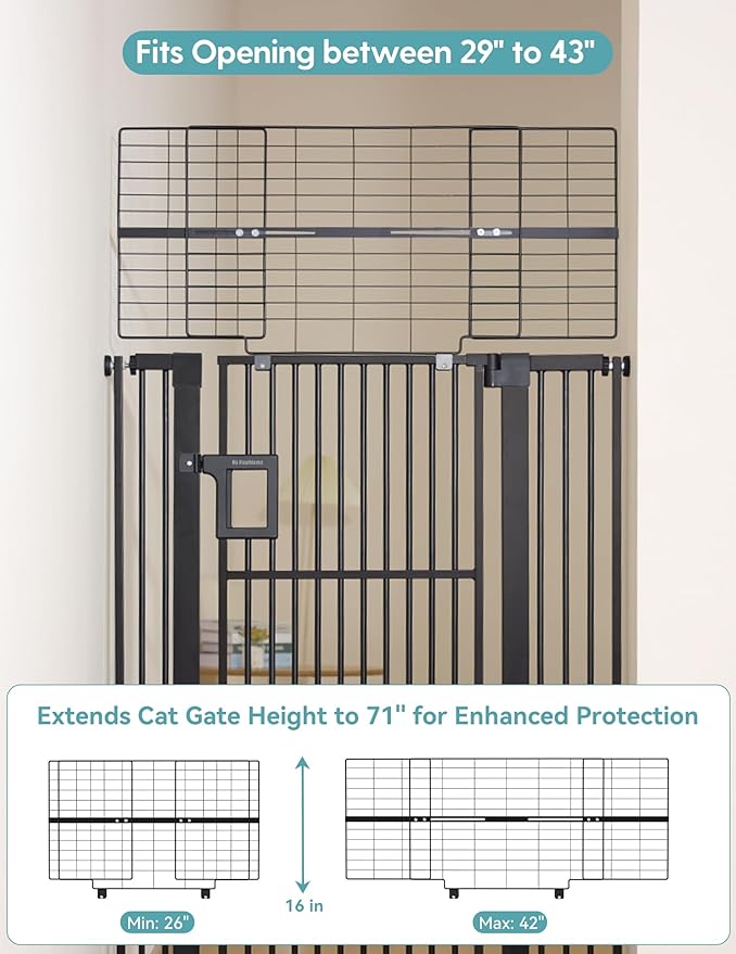 No Pawblems 71" Extra Tall Pet Gate for Cat, 29-43" Auto Close Cat Gate for Doorways/Stairs/Hallways, NO Drilling Pressure Mounted Tall Dog Gate Indoor, 1.37" Pet-Safe Gap, Black