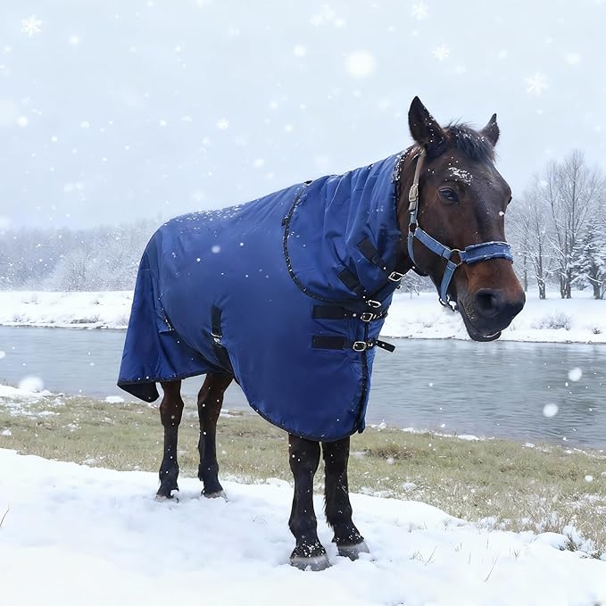 Horse Blankets Winter for Real Horses, 1600D Waterproof Poly Rain Sheets 83 Inch with Neck Cover Belly Wrap Tail Wrap Turnout Blanket, Horses Stuff Care Medium Large Weight Heavy Outdoor Clothes Blue