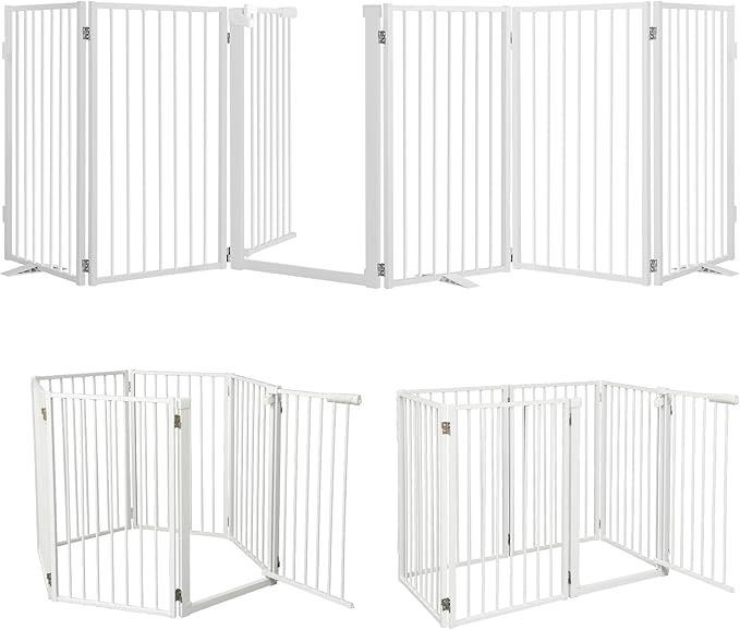 Snagle Paw Full Metal Freestanding Dog Gate with Door, 120” W x 32” H Pet Gate with Support Feet for Doorways, Stairs and Hallways, Portable Dog Fence for Indoor Use(32" 6 Panel, White)