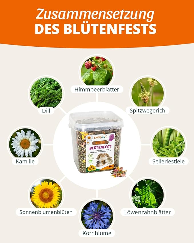 GIGATEMP petifool Blütenfest 380g - Ergänzungsfutter für Nager - natürliches Nagerfutter für Kaninchen, Meerschweinchen, Hamster, Chin
