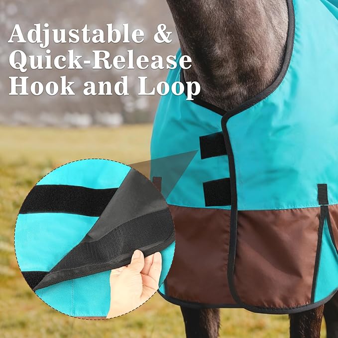 72" Waterproof Breathable Horse Blanket (No Fill), 600D Oxford Cloth Winter Turnout Rain Sheet with Removable Neck Cover, Windproof Tail Flap and Belly Wrap, Suitable for Stables, Pastures, Paddock