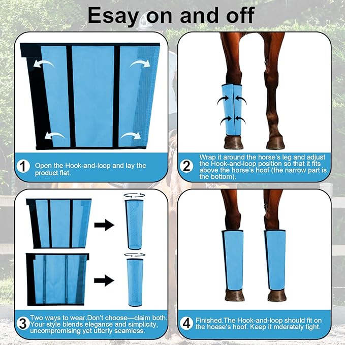 Fly Boots for Horses Set of 4 Breathable Textilene Mesh Horse Fly Boots with Stable Support & UV Protection, Comfortable Equine Boots, Reduces Stomping, Leg Fatigue & Hoof Damage.(Blue)