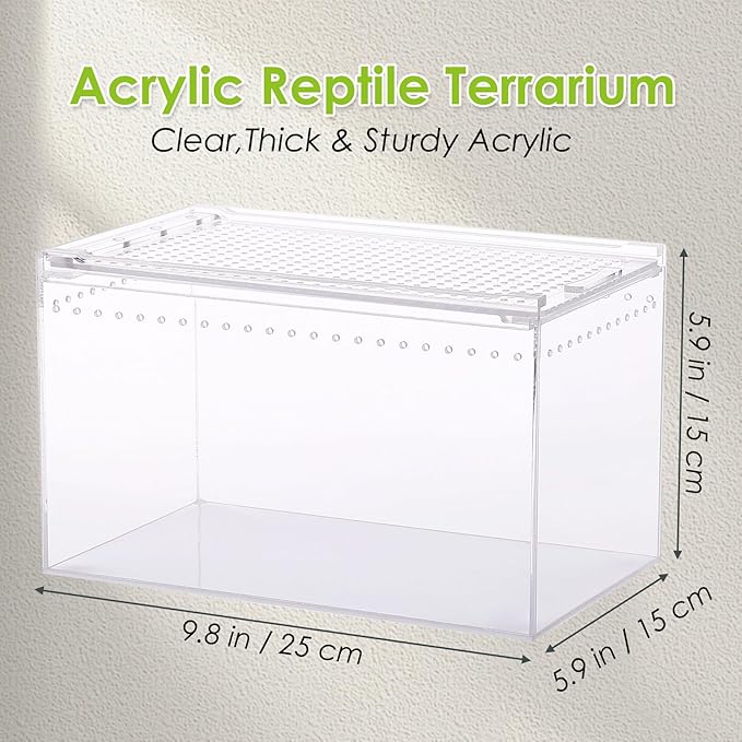 Reptile Terrarium Enclosure 10" x 6" x 6" Acrylic Tarantula Breeding Box Magnetic Hermit Crab Habitat Transparent Jumping Spider Cage for Insect Snail Amphibians Sling Isopods