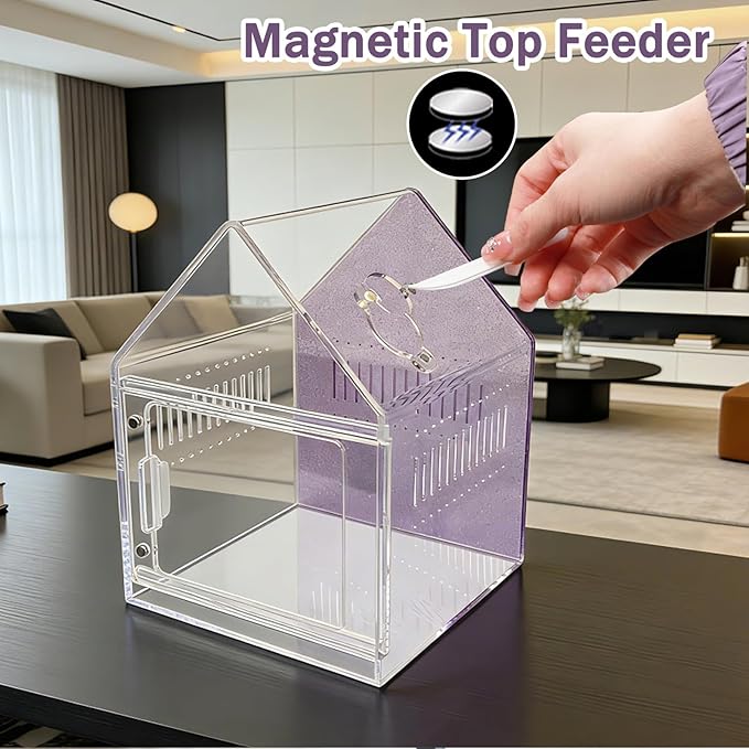 Magnetic Acrylic Spider Enclosure 5.3x5.3x7.3 Inch, House Shape Terrarium with Sparkling Purple Background for Jumping Spiders, Tarantula Slings & Mantis, Escape-Proof Habitat with Ventilation