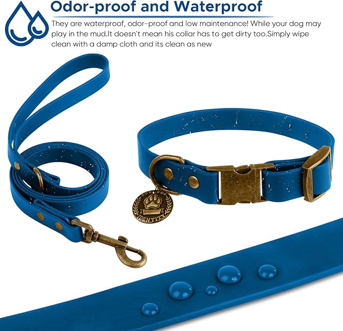 Wisedog Waterproof Dog Collar and Leash Set, Adjustable Puppy Collar with Cute Tag 6FT Dog Leash with Poop Bag for Small Medium Large Dogs (XL, Blue)