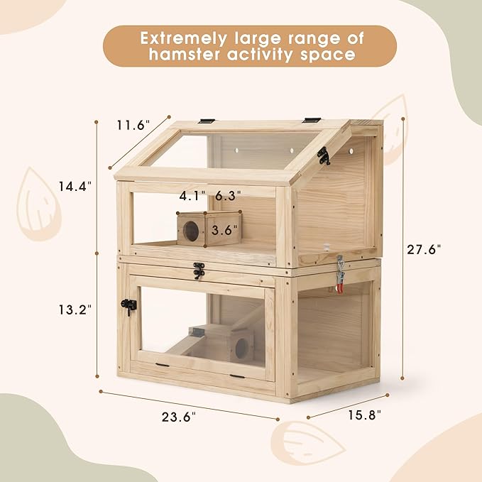 COZIWOW 2-Tier Wood Hamster Cage, Guinea Pig House with Hideouts, Ramps, Acrylic Window, Door Access, Detachable Squirrel Cage for Hedgehogs Gerbils Mice Small Animals, Natural