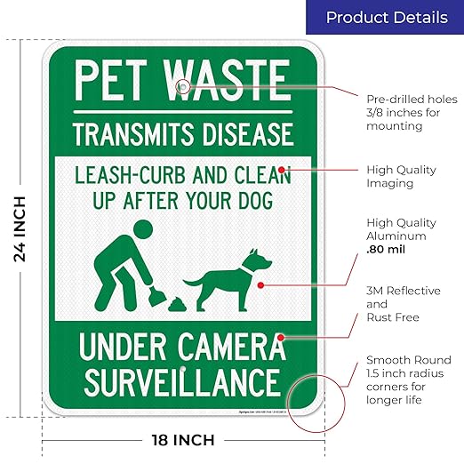 Pet Waste Leash-Curb and Clean Up After Your Dog Under Camera Surveillance Sign, (SI-63188) 18x24 Inches, 3M EGP Reflective .080 Aluminum, Fade Resistant, Made in USA