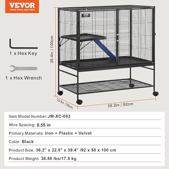 VEVOR 39" Rolling Metal Ferret Cage, Large 2-Tier Cage, Small Animal Cage with Ramps & Tray, Easy to Set up for Pet Mice, Hamster, Guinea Pig, Chinchilla, Squirrel, Hedgehogs, Bunny