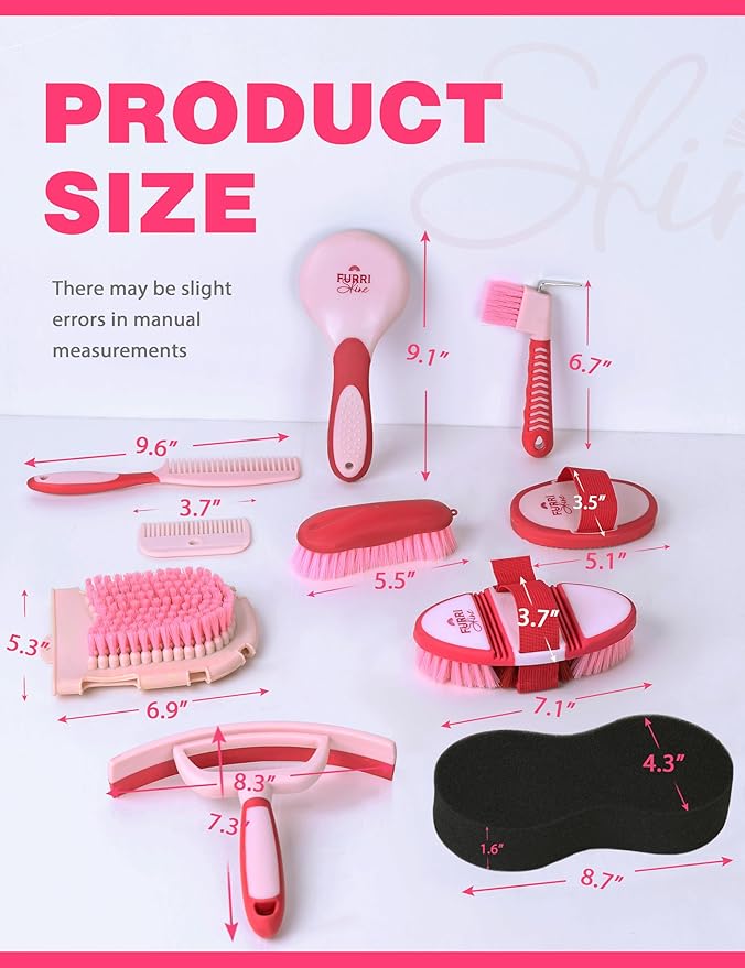 Horse Grooming Kit, 11-Piece Complete Grooming Supplies Set with Curry Comb, Brushes & Hoof Pick for Daily Care, Stable & Show Use Pink Garnet