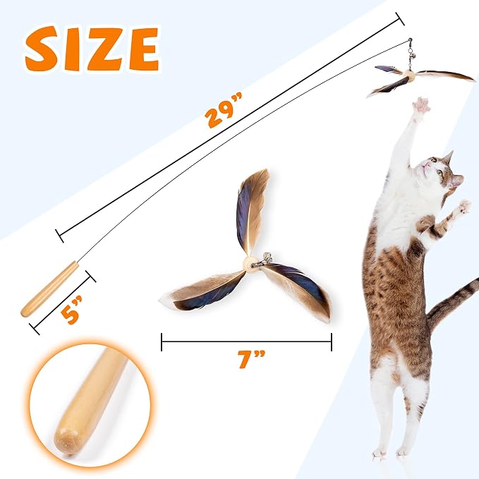 JXFUKAL Cat Wand Toys, Interactive Cat Toys with 3 Feather Refills, 29'' Flexible Steel Wire, Sturdy Wood Handle & Bell for Kitty Kitten, Cat Toys for Indoor Cats Teaser Cat String Toy - Image 4