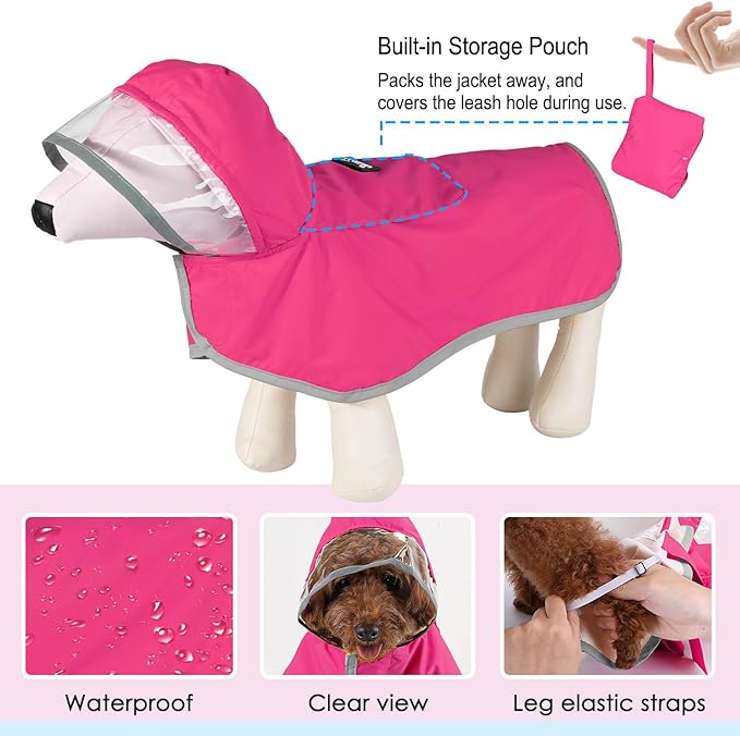 Lukovee Dog Raincoat, Adjustable Dog Rain Jacket with Clear Hooded Double Layer for Large Medium Small Dogs Puppies, Waterproof Rain Coat Poncho with Reflective Storage Pocket & Rim (FU,XS)