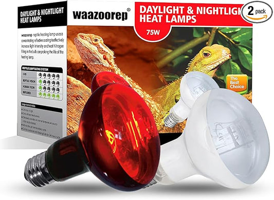 Reptile Heat Lamp Bulbs 75W 2 Pack,Day and Night Infrared Basking Spot Heating Light Combo,UVA Heat Lamp Bulb for Reptile and Amphibians,Bearded Dragon, Lizard, Turtle, Snake