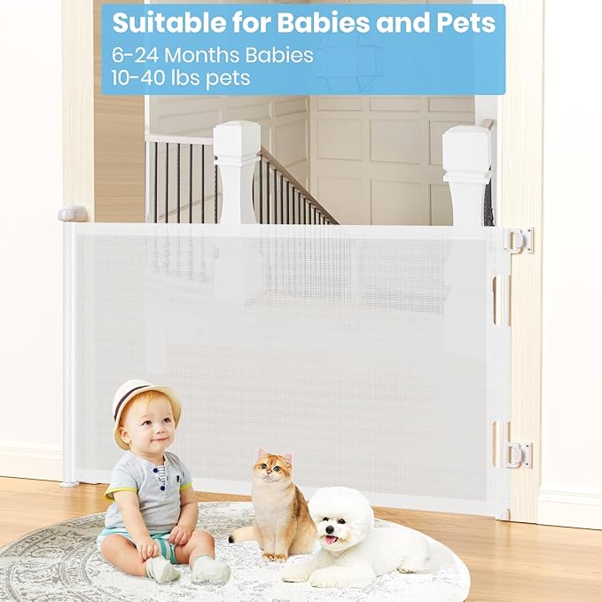 HAMOPY Retractable Baby Gate, 33" Tall, Extends up to 55" Wide, Durable Auto-Lock Baby Gate for Stairs, Mesh Dog Gate and Child Safety Gates for Doorways, Hallways, Indoor, Outdoor(White)