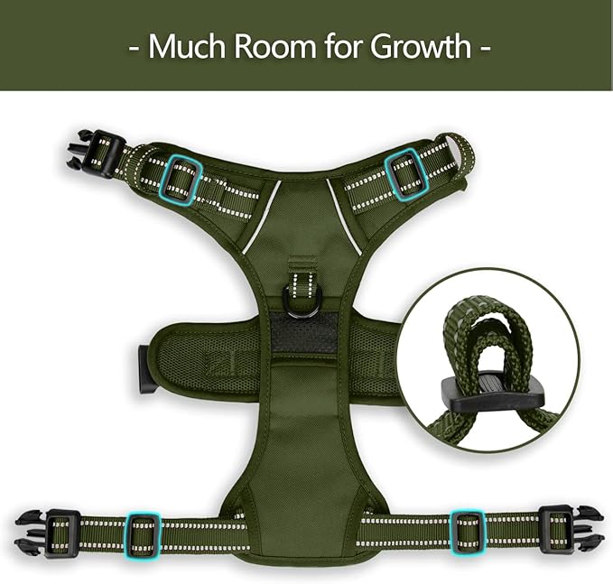 PoyPet No Pull Dog Harness, No Choke Reflective Dog Vest, Adjustable Pet Harnesses with Easy Control Padded Handle for Small Medium Large Dogs(Military Green,XS)