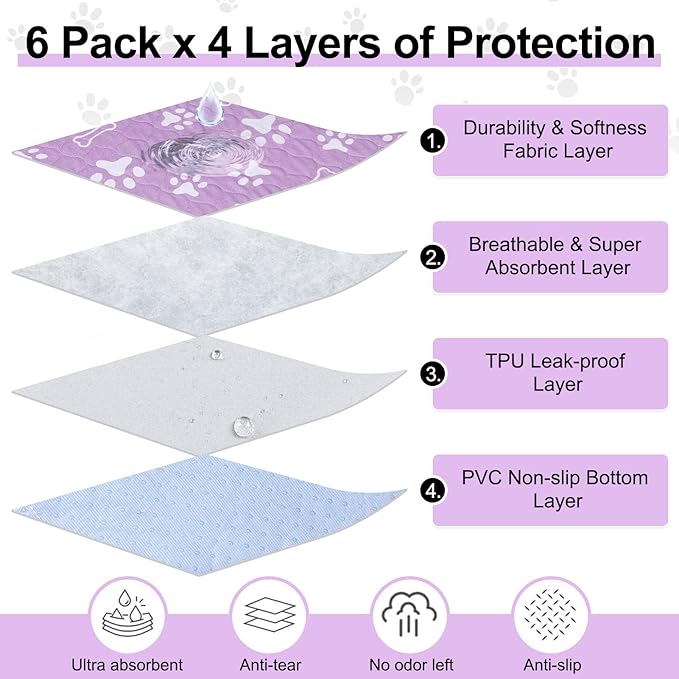 BEAUTYZOO 6 Pack Washable Pee Pads for Dogs, Reusable Puppy Pads for Potty Training, Waterproof Super Absorbent Whelping Pads Mats Non Slip Against Urine for Small Medium Dogs Cats, 16" x 24"