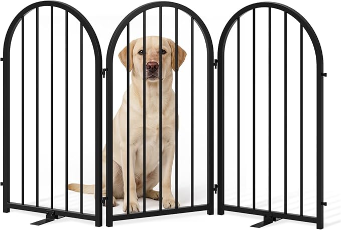 PUPETPO Full Metal Dog Gate for Indoor Outdoor, 32" Tall Free Standing Pet Dog Fence, 54" Wide Arched Pet Gates for Stairs, Hallways, Doorways, Kitchen, Decks, Yards (Black, 3 Panels)