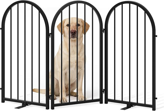 PUPETPO Full Metal Dog Gate for Indoor Outdoor, 32" Tall Free Standing Pet Dog Fence, 54" Wide Arched Pet Gates for Stairs, Hallways, Doorways, Kitchen, Decks, Yards (Black, 3 Panels)