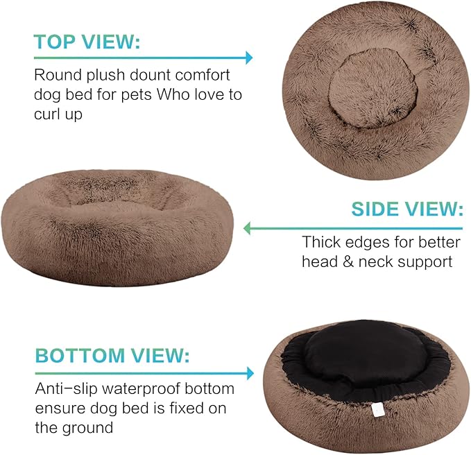 SAVFOX 36 inches Calming Donut Dog Bed - 3X Durable Plush Faux Fur, Machine Washable & Non-Slip, Fits up to 100 lbs, Brown
