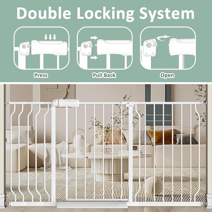 Extra Wide Baby Safety Gate 29.6-33.8Inch Auto Close Child Gates, Pressure Mounted Gate for Stairs & Doorways, Indoor/Outdoor Heavy-Duty Pet Gate for Toddlers, Dogs, White
