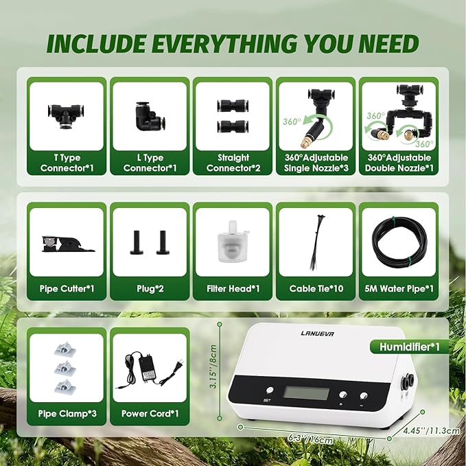 LANUEVA Timing Reptile Smart Mister, Terrarium Misting System with 3 Single Nozzles 360°Adjustable + 1 Double Nozzle, Reptile Fogger Humidifier for Lizard, Chameleon, Plants, Amphibian, Vivarium, Tank