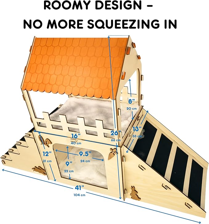 OtterPets Extra Large Bunny Hideout, Cozy Rabbit Castle with Fleece Mats, Wooden Rabbit Hideout, Bunny House Indoor Indoor, Chinchilla, Guinea Pig House (Pet Safe Wood Joints)