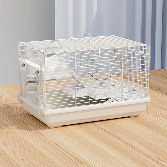 Small Hamster Cage Starter Kit 19”Lx12”Wx12”H for Dwarf Hamster & Robo Hamster with Multilevel Platforms, 2 Tube Ports, Exercise Wheel, Ladders, Water Bottle, Food Bowl, White