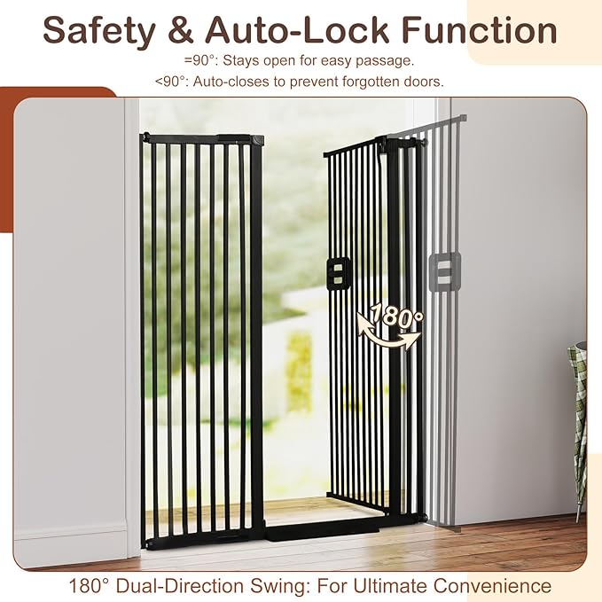 SMONTER 55" High Extra Tall Baby Gate, Safety Cat Gate for Doorways, Expands to 42.9"-46.9" Wide, Auto Close Dog Gate, No Drilling Pressure Mounted Cat Fence, Pet Gate Indoor for Stairs, Black
