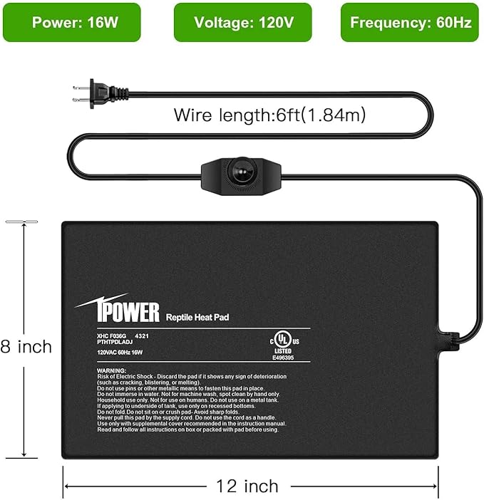 iPower 8 by 12 Inch Reptile Heating Pad with Temperature Adjustable Controller Knob, Under Tank Warmer Terrarium Heat Mat for Reptiles and Amphibians