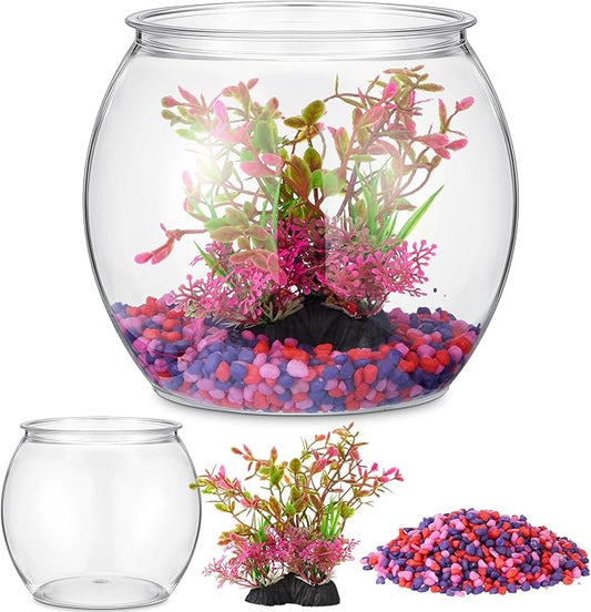 1 Gallon Plastic Fish Bowl with Artificial Plastic Plants and 1 lb Decorative Gravel Shatterproof Clear Round Goldfish Betta Tank, Small Fish Bowl/Aquarium for Table Centerpiece Home Decor