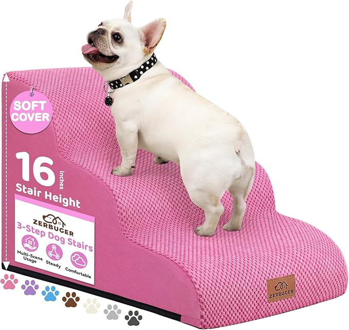 Zerbuger Dog Ramp and Stair for Bed 16" H-20 H,3-Step Cat Stair for Sofa and Chair,4-Step Dog Ramp for High Bed and Window,Durable Nonslip Fabric Cover for Indoor (Pink-16 H, Pet Friendly, 3)