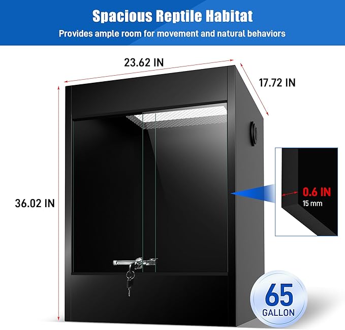 65 Gallon Bearded Dragon Tank, PVC Reptile Enclosure Terrarium, Front Opening Reptile Tank 36x23.6x17.7 with Tempered Glass, Sliding Door & Screen Top for Leopard Geckos, Snakes, Ball Pythons, Lizards