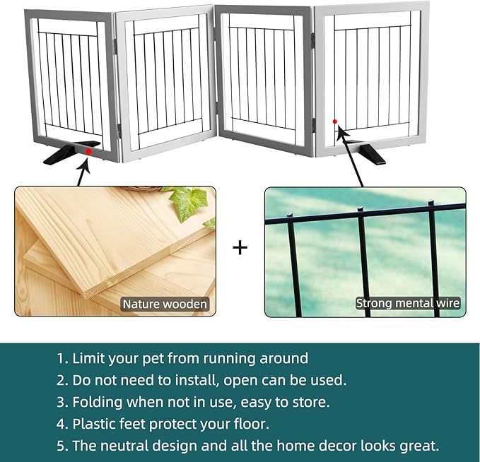 ZJSF Freestanding Dog Gate Indoor, Foldable Dog Fence for Doorways,Hallways or Stairs, Sturdy Wood Extra Wide Pet Gate with Support Feet,Grey,24 "Height-4 Panels