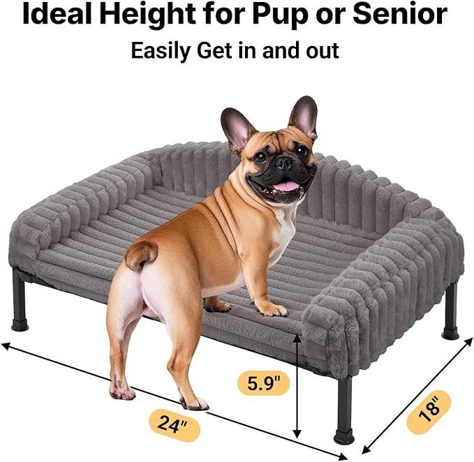 Veehoo Elevated Dog Bed with Bolster Cushion, Fluffy Plush Dog Couch Beds for Small Dogs, Cats, Washable Raised Pet Cot with Non-Slip Feet for Indoor or Patios Use, 24 x 18 Inches, Grey
