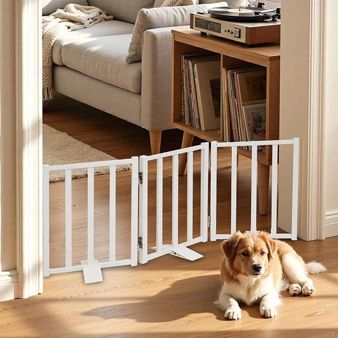 Snagle Paw Short Dog Gate,16.5" Tall Freestanding Metal Dog Gate Only for Small Dogs with Support Feet Easily Step Over,Up to 36" Wide Puppy Gate Indoor for Stairs,Doorways(White,3 Panel)