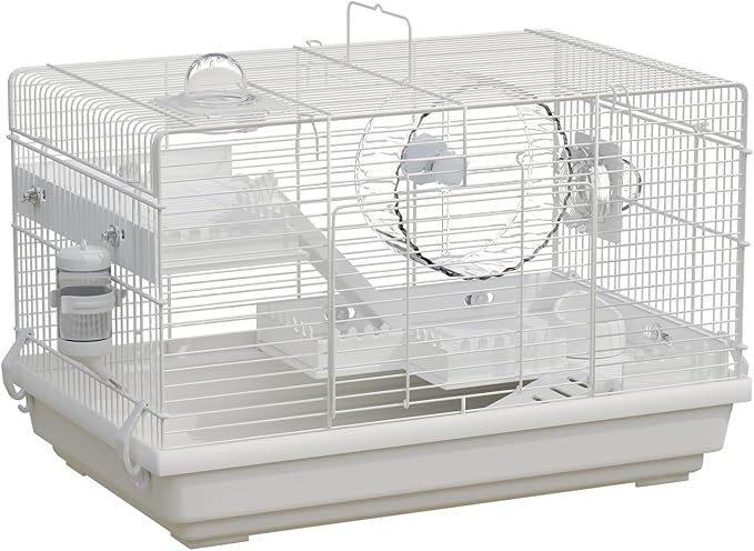Small Hamster Cage Starter Kit 19”Lx12”Wx12”H for Dwarf Hamster & Robo Hamster with Multilevel Platforms, 2 Tube Ports, Exercise Wheel, Ladders, Water Bottle, Food Bowl, White