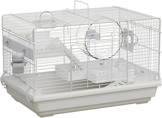 Small Hamster Cage Starter Kit 19”Lx12”Wx12”H for Dwarf Hamster & Robo Hamster with Multilevel Platforms, 2 Tube Ports, Exercise Wheel, Ladders, Water Bottle, Food Bowl, White