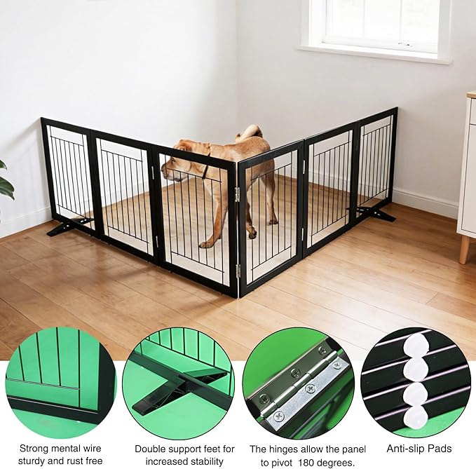 ZJSF Freestanding Dog Gate Indoor, Foldable Dog Fence for Doorways,Hallways or Stairs, Sturdy Wood Extra Wide Pet Gate with Support Feet,Black,24 "Height-6 Panels